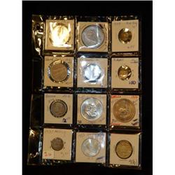 SHEET OF 12 SILVER WORLD CROWNS AND COINS