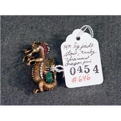 14K DRAGON PIN WITH LARGE JADE STONE, 4 RUBIES, AN