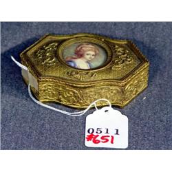FRENCH GILT JEWELRY BOX WITH PAINTED FEMALE PORTRA
