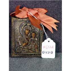 SMALL SILVER FRAMED MOTHER AND CHILD ICON, 3.5"X4.