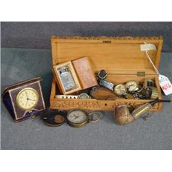 CARVED WOODEN BOX WITH TRAVEL CLOCK, PIPES, WATCHE