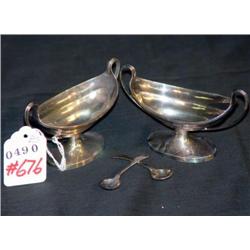 PAIR OF SILVER BOAT SHAPED MASTER SALTS WITH DIPS-