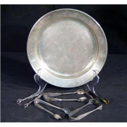 SILVER PLATE WITH 5 SILVER TONGS