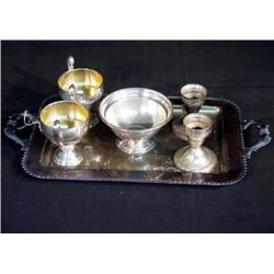 STERLING SUGAR AND CREAMER, BOWL, AND CANDLESTICKS