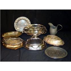 LOT 15 PCS SILVER PLATE AND PEWTER INCL HANDLED BA