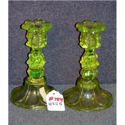 EARLY VASELINE GLASS 7" CANDLESTICKS- 2 X THE