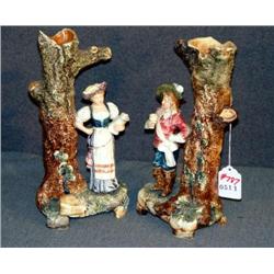 MAJOLICA FIGURAL TREE VASES, 12" HIGH (ONE REPAIRE