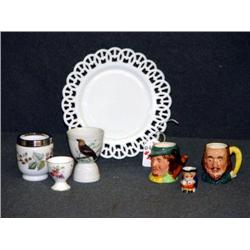 PLATE WITH MINIATURE TOBY MUGS, R.W. EGG CODDLER,