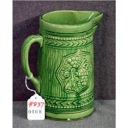 GRAPE DECORATED GREEN STONEWARE PITCHER 8.25" HIGH