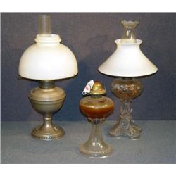 LOT 3 OIL LAMPS 2 WITH WHITE GLASS SHADES