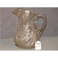 CUT GLASS PITCHER WITH ETCHED THISTLE DESIGN, 9"