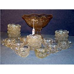 PATTERN GLASS PUNCH BOWL WITH CUPS AND MATCHING BE