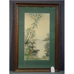 WATERCOLOR BIRCH TREE, LAKE AND ROWBOAT, SIGNED J