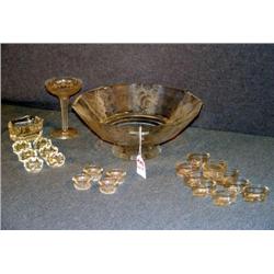 EARLY ETCHED GLASS COMPOTE WITH OPEN SALTS