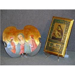 PAINTED WOODEN RELIGIOUS SCENES INCL MADONNA- 2 X