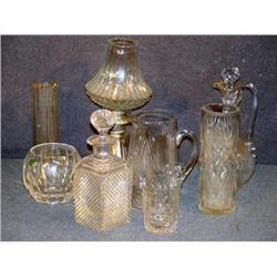 TRAY LOT GLASS INCL OIL LAMP, EWER, CUT PITCHER, E