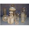 Image 1 : TRAY LOT GLASS INCL OIL LAMP, EWER, CUT PITCHER, E