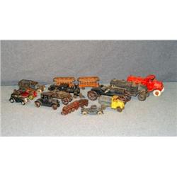 TRAY LOT CAST IRON TOY CARS, TRUCKS AND TRAIN