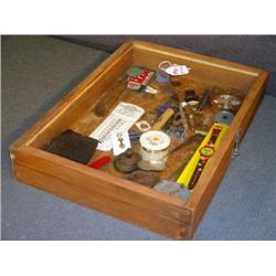 DISPLAY CASE WITH JACK KNIFE, FOLDING RULER, ETC.
