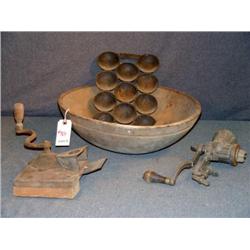 WOODEN BOWL WITH GRINDER, MUFFIN PAN, ETC.