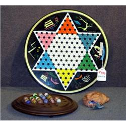 EARLY MARBLE GAME WITH BLOWN SWIRL MARBLES AND CHI