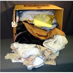 BOX LOT MATERIALS WITH DOILIES, DRESS, ETC.