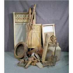 TUB LOT WITH WASHBOARDS, BUTTER CHURN, ETC.