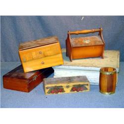 LOT OF WOODEN BOXES INCL EARLY COVERED SEED BOX