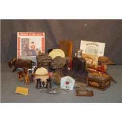 BOX LOT WITH CUE BALL, WOODEN INLAID SHOES, ETC.