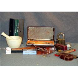 TRAY LOT WITH DRAFTING SET, JEWELER'S ANVIL, ETC.