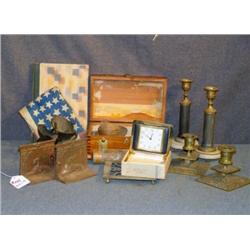 TRAY LOT WITH ALABASTER CANDLESTICKS, BOOKENDS, LI