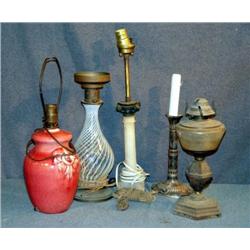 LOT OF 5 LAMPS INCL ALABASTER AND SHEFFIELD PLATE