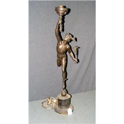 METAL STATUE OF MERCURY HOLDING LAMP 33" HIGH