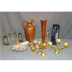 BOX LOT WITH METAL VASE, BUTTER WORKER, ETC.