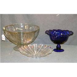 LOT OF 3 PCS GLASS, PUNCH BOWL, BLUE COMPOTE, ETC.