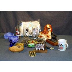 TRAY LOT WITH HEART DISH, DOG PLANTER, ETC.