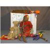 Image 1 : BOX LOT WITH EARLY TEDDY BEARS, MONKEY, PENNANTS,