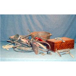 TUB LOT WITH MARQUETRY BOX, BAYONET, WOODEN SKATES