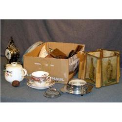 BOX LOT WITH WHISKEY FLASK, ELECTRIC CLOCK, ETC.