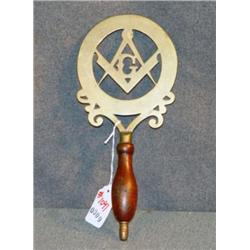 WOODEN HANDLED BRASS MASONIC TRIVET