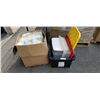 Image 1 : BOX OF FABRIC WITH LOT OF STORAGE TOTES AND BINS