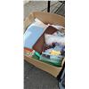 Image 3 : BOX OF FABRIC WITH LOT OF STORAGE TOTES AND BINS