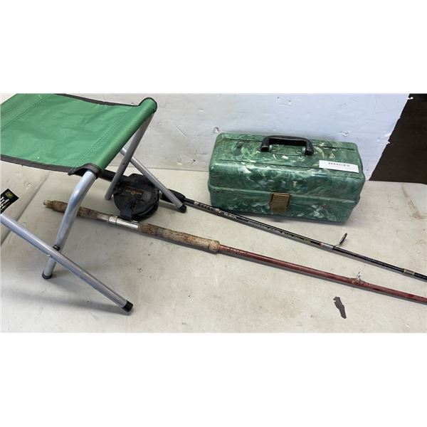 2 FISHING RODS, TACKLE BOX WITH CONTENTS AND FOLDING STOOL