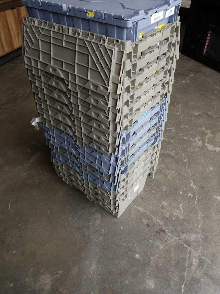 STACK OF 15 TOTES WITH BUILT IN INTERLOCKING LIDS