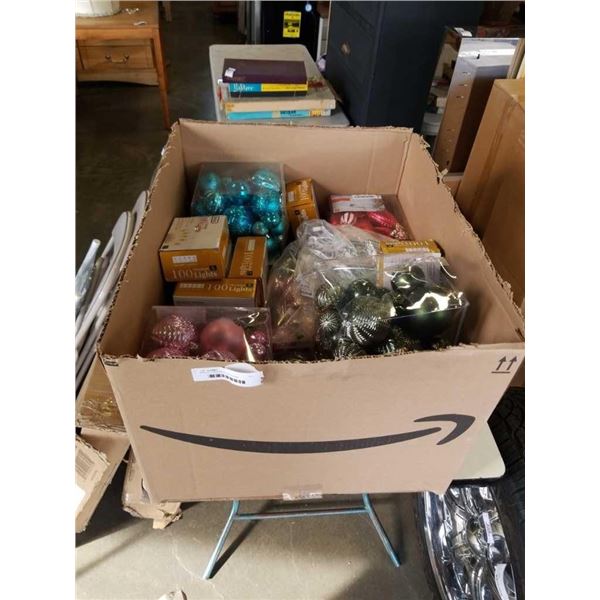 BOX OF CHRISTMAS LIGHTS AND ORNAMENTS