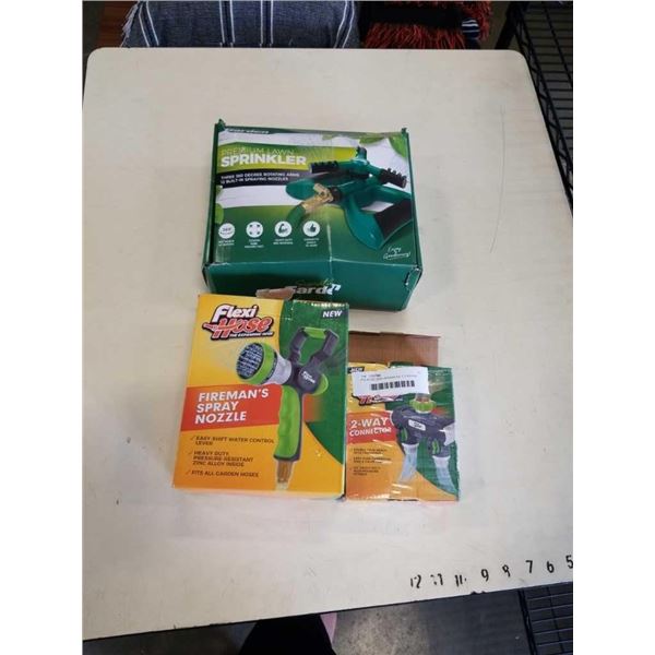 PREMIUM LAWN SPRINKLER, FLEXIHOSE FIREMAN SPRAY NOZZE, AND 2-WAY CONNECTOR