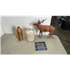 Image 1 : LEATHER ANIMAL FIGURE WITH LEADED GLASS PANEL, JUG AND COPPER MUG