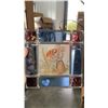 Image 2 : LEATHER ANIMAL FIGURE WITH LEADED GLASS PANEL, JUG AND COPPER MUG