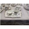Image 2 : Lot of Silver Maple China teapot and lid, 6 cups and saucers, one sandwich plate, One triple cake pl