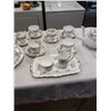 Image 8 : Lot of Silver Maple China teapot and lid, 6 cups and saucers, one sandwich plate, One triple cake pl